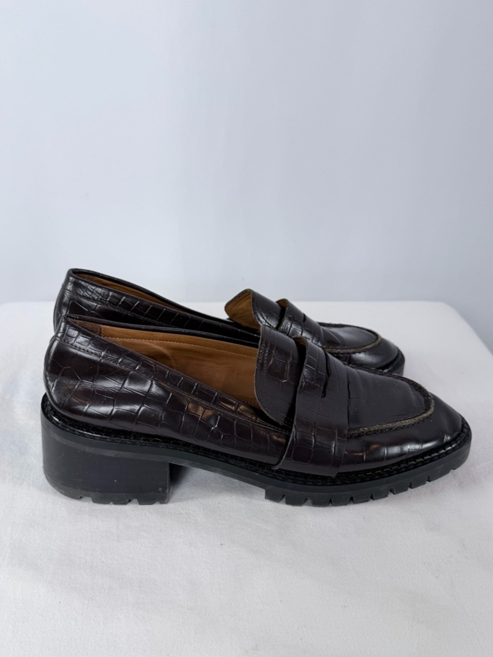 & Other Stories Croc Embossed Block Heel Loafers in Dark Brown Size 10.5 - Picture 5 of 11